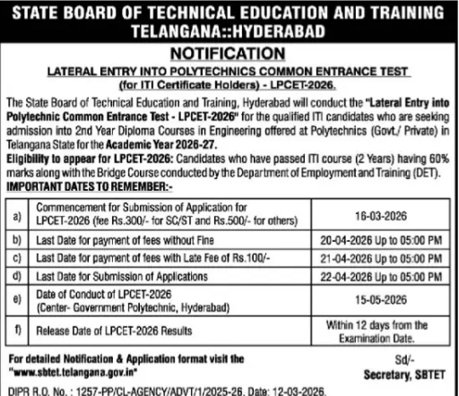 SBTET Telangana LPCET 2026 Notification